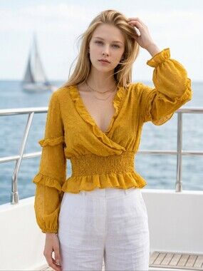 Chelsea & Violet Mustard Ruffle Swiss Dot Smocked Waist Blouse
